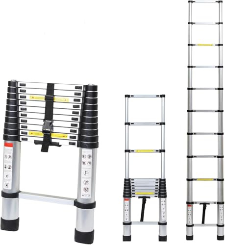 Lospitch 3,2m Escalera telescópica con 2 Ganchos extraíbles, Escalera de Aluminio Antideslizante Extensible multifunción, Escaleras de Uso múltiple, Carga máxima: 150 kg