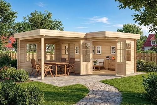 Alpholz 5-Eck Gartenhaus Pepe 618x462cm Naturbelassen mit 40mm Wandst. | aus Holz (Nordische Fichte|Kiefer), Blockbohlenbauweise, Flachdach