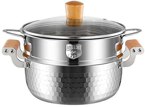 OQHAIR Traditionelle japanische Yukihira-Pfanne, gehämmerter Edelstahl-Dampfgarer für die Küche, Suppenküche, mit Glasdeckel und Dampfgarer, Nostick-Kochtopf mit Holzgriff, 22 cm (22 cm)