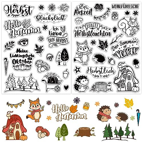 BETESSIN 2Blatt Stempel Herbst Sprüche Deutsch Silikonstempel Klare Stempelmotive Clear Stamps zum Kartenbasteln DIY Scrapbooking Fotoalbum Geschenkanhänger