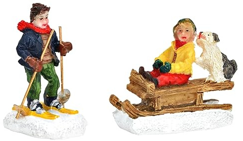 meindekoartikel 2er Set Figuren - Kinder auf Schlitten und Skier im Schnee - Lichthaus Winterwelt - Miniaturfiguren Miniatur-Modell für ihre Miniaturwelt