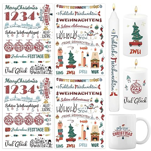 BETESSIN 4x Tattoos Folie Weihnachten Kerzentattoo Kerzenfolie Sprüche Sticker Aufkleber Xmas Kerzensprüche Merry Christmas Kerzensticker für Stabkerzen Kleine Kerzen Tasse DIY Geschenk A