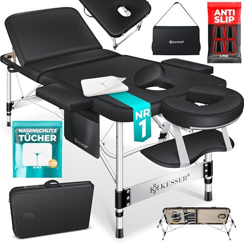 KESSER® Massageliege 3 Zonen, Bis 250kg, Massagetisch klappbar, verstellbar, tragbarer Koffer, Kosmetikliege, Therapieliege, Zubehör, Alu-Kopfstütze, Armlehne, Tragetasche, Anti Rutsch, 61cm, Schwarz