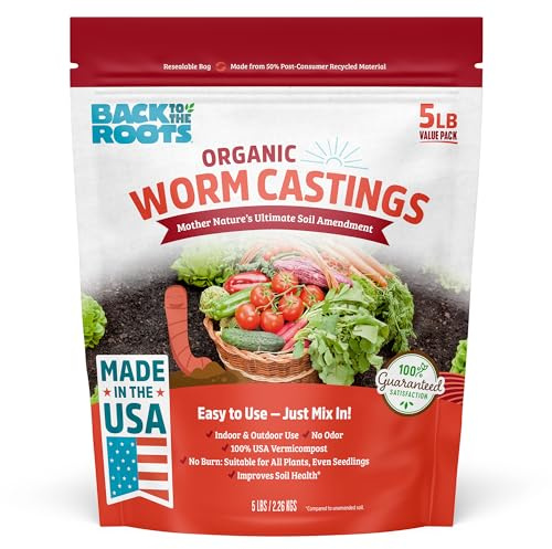 Back to the Roots Organic Worm Castings for Plants, Natural Fertilizer and Soil Enhancer for Gardening, Made in the USA, 5lb