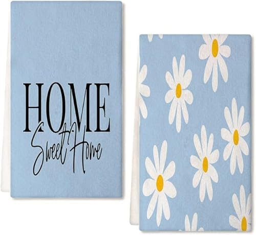 Geroclonup Blue Daisy Home Sweet Home Kitchen Towels Set of 2 Farmhouse Dish Hand Towels Vintage Tea Towel Absorbent Dish Cloth for Home Bathroom Housewarming Gift 40x60cm