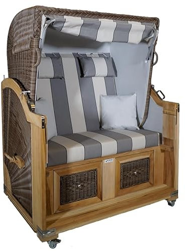 Strandkorb Teak grau schwarz/cremeweiß Stoff 2 Sitzer Voll-Liegemodell