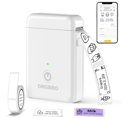 ORGBRO X1 Etikettendrucker, Etikettiergerät Mini Bluetooth Thermal Labeldrucker Selbstklebend Beschriftungsgerät, Tragbarer Label Maker für iOS/Android, Etikettiermaschine für Zuhause, Büro (Weiß)
