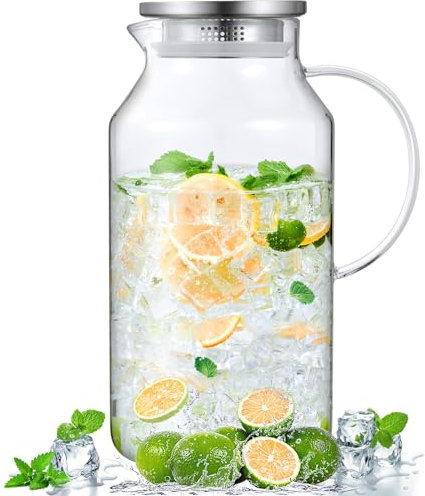 Bivvclaz 1 Gallon Glass Pitcher with Lid and Handle, Water Pitcher for Fridge, Glass Carafe for Hot/Cold Water, Large Iced Tea Jug for Coffee, Juice and Homemade Beverage