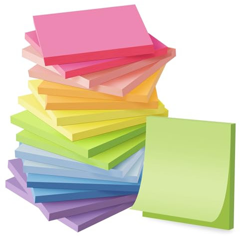 Wowivy 16 Blöcken Haftnotizen, 76 x 76 mm, Helle Farben Selbstklebenotizen Pads, Sticky Notes, klebezettel, recycelbar, einfach zu posten für Zuhause, Büro, 55 Blätter/Block, 880 Blätter Gesamt