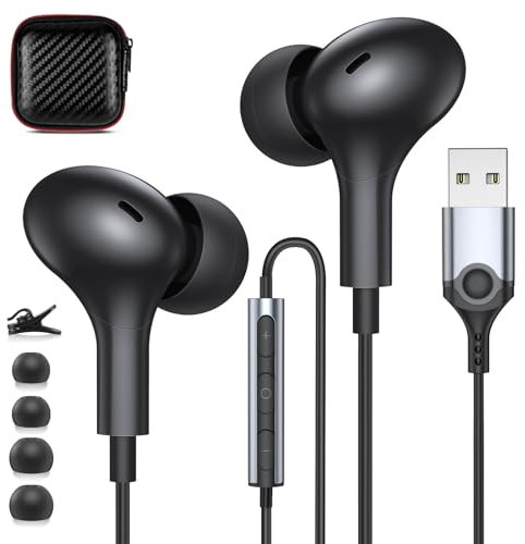 ACANDYA Computer Headset with Microphone USB Headphones for PC USB A Laptop Headset 7.5FT Cord in-Ear Magnetic Earbuds for Laptop Desktop Notebook Earphone for Office Live Broadcast Gaming