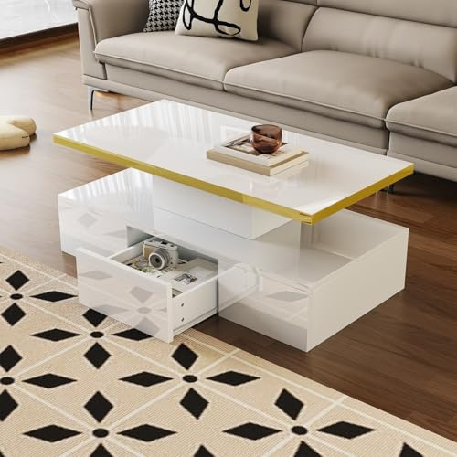 KOMHTOM Table Basse Moderne en Laque Brillante Blanc, Petite Table avec tiroirs Table de Salon avec LED (Blanc)