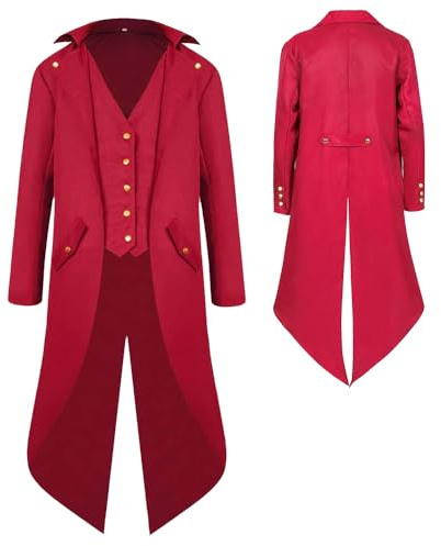 YQVGFBY Frac Gotico Steampunk da Uomo, Giacca Vintage Medievale Vittoriana Uniforme Smoking Lungo, Costumi per Feste Cosplay Rinascimentali da Pirata Vampiro per Uomini Adulti, Rosso, M