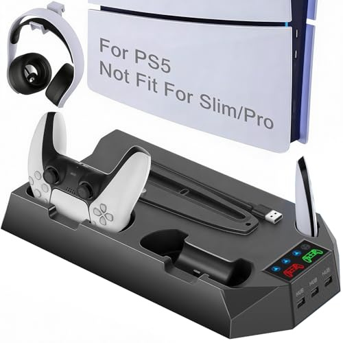 UGAME PS5 Pro Stand for All PS5 Models, PS5 Cooling Station for PS5 Slim/Pro/Original with 2 PS5 Controller Charging Station, 3 Level Quiet Cooling Fan, 3 USB Ports, Cool LED RGB Light, Mando Charger