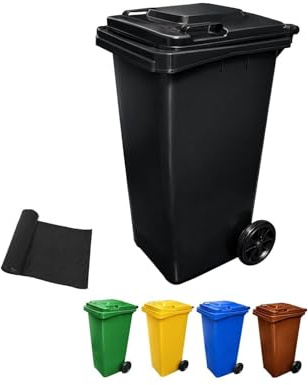 JARDIN202 - Contenedor de Basura Reciclables de Colores con Ruedas y Mango Antideslizantes | 120L, 240L, 360L, 800L y 1100L | 120 L + Bolsas (Negro)