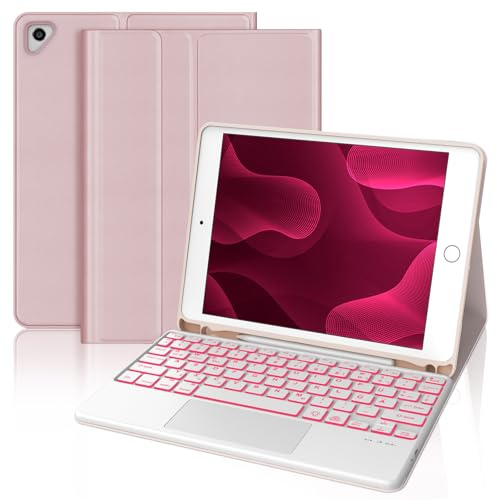 IVEOPPE Hülle mit Tastatur für iPad 6. Generation 9.7 Zoll Con Touchpad, Magnetisch Abnehmbarer QWERTZ Bluetooth Beleuchtung Tastatur für iPad 6 Gen 2018, 5. Gen, Pro 9.7, Air 2 & 1, Rosa
