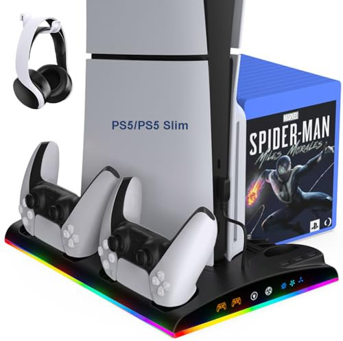 LYtech Support pour PS5/Slim - Ventilateur de Refroidissement à 3 Vitesses avec Chargeur Manette, Indicateur LED, 3 Ports USB et 13 Emplacements de Jeu