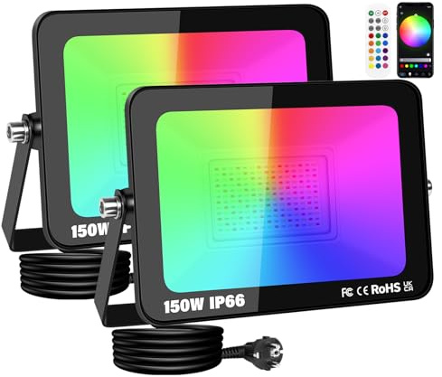 RIGIDON 2 x 150 W RGB Smart LED-spotlight, 15000LM Smart RGBW strålkastare projektor med APP-styrd, vattentät flerfärgat översvämningsljus inomhus och utomhus för trädgård scenfest