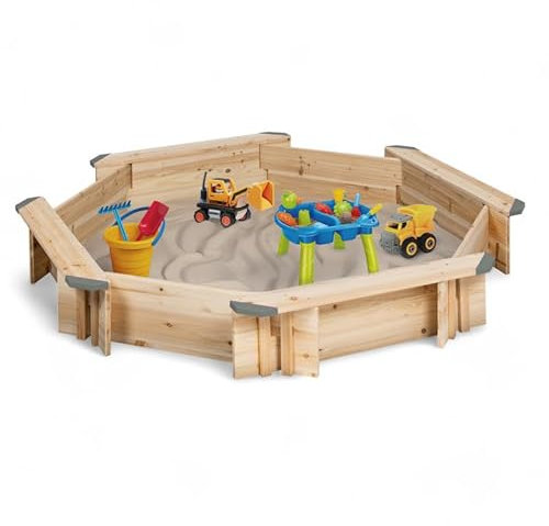 IDMarket - Sandkasten aus Holz, achteckige Form, mit 4 Bänken und Abdeckplanen