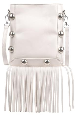 Hoce Damen-Umhängetasche aus Leder, Fransen, Hobo, Crossbody, Quaste, Schultertaschen, Geschenk für Mutter, Frau, Freundin, 7522 Weiß, 7.4 × 7.8 × 0.7 inches, Retro