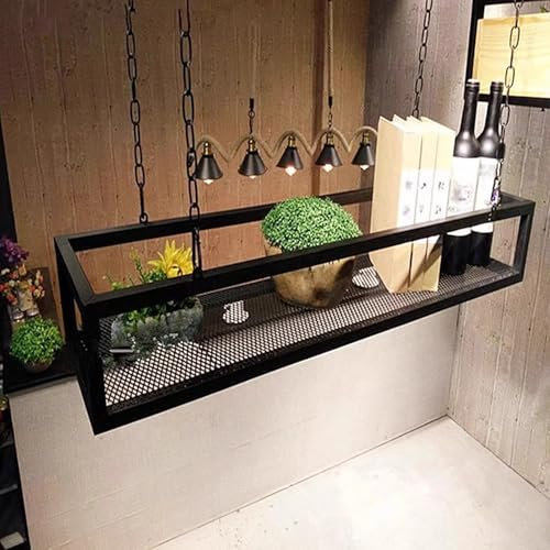 MARIYCH Panier à plantes suspendu au plafond, étagères de rangement flottantes suspendues, présentoirs décoratifs en métal noir, support à fleurs pour cuisine, bar, salon, porte-bouteilles de vin