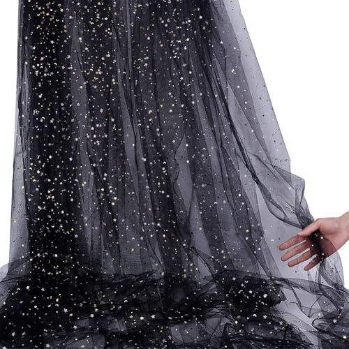 Nbeads 6 Iarda/1.5 M Rotolo Di Tessuto In Tulle Glitterato, Rete In Poliestere Con Motivo A Stella E Luna Per Fondali Da Matrimonio Decorazioni Per Feste DIY Artigianato Tende Per La Casa, Nero