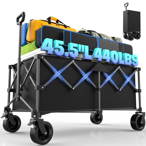 Kitsure 230L Trolley on Wheels, Heavy Duty Festival Camping Trolley with Adjustable Handle, Foldable Utility Beach Wagon for Shopping & Groceries, Black, 115 x 60 x 96cm