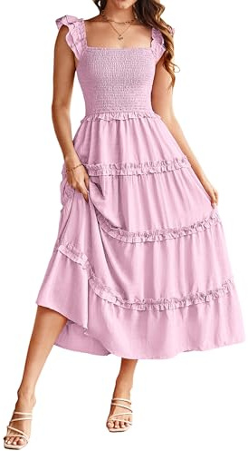 GRACE KARIN Robe Longue Femme Été Col Carré Taille Élastique Froncée Volantée Ligne A Décontractée Plissée Confortable Chic