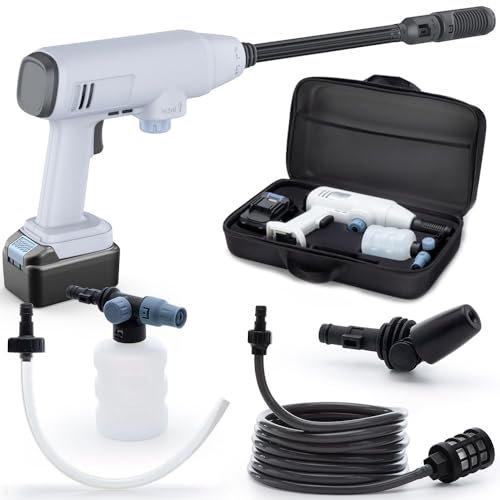 Gtremulent Pulitore ad alta pressione senza fili portatile 435 PSI: pistola a batteria 21 V 4,0 Ah con tubo 5 m - kit lavaggio auto/balcone/terrazza/facciata casa e pulizia aria condizionata