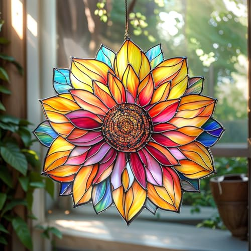Colorful Sunflower Suncatcher Window Hanging Acrylic Stained Glass Effect Art Garden Decor Valentines Day Decoration Gifts for Girlfriend Wife Women Teacher