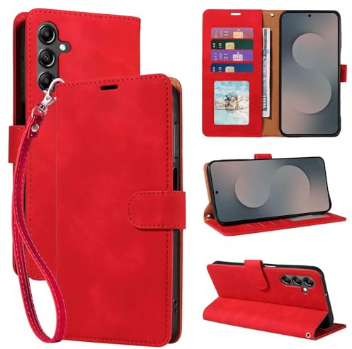 GOTOURED RFID Wallet for Samsung S25 FE Phone Case, Soft Leather Protective, 4 Card Slots Holder, RFID Blocking, Kickstand, Wrist Strap, S25 FE Flip Case, Shockproof Folio Cover (Red)