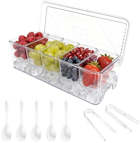 Ice Chilled Condiment Caddy with 5 Containers, Removable Pizza Topping Station, Server Tray with Lids, Divided Serving with Ice Chamber for Salad Bar, Fruit, Pizza, Fruit, Buffets, Party Accessories