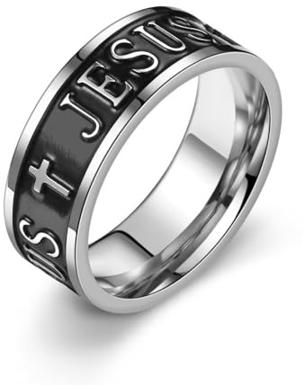Anillo Cruz de Jesús Cristiano - Banda de Acero Inoxidable de 8mm de Ancho, Joyería de Fe Religiosa para Hombres y Mujeres