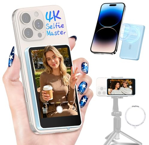 Moman Phone Vlog Selfie Monitor Screen for iPhone 7-16 & Android, 3H Battery 1080P/4K Magnetic Back Camera Wireless Monitor for Selfie Vlog Tiktok YouTube Video Record Live Content Creation, Blue