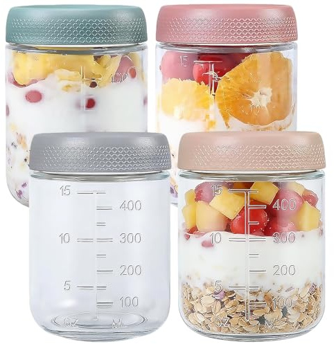 LXTaoler Overnight Oats Jars - 4 Pack 500ml Glass Jars with Measurement Markings & Non-Slip Lids,Reusable Mason Salad jars for Yogurt Salad & Milk Fruit