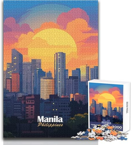 Puzzle de 1000 pièces Coucher de Soleil sur la Skyline de Manille pour Adultes Un Jeu éducatif et Amusant, idéal comme Cadeau attentionné pour Toutes Les Occasions Dimensions 38x26 cm
