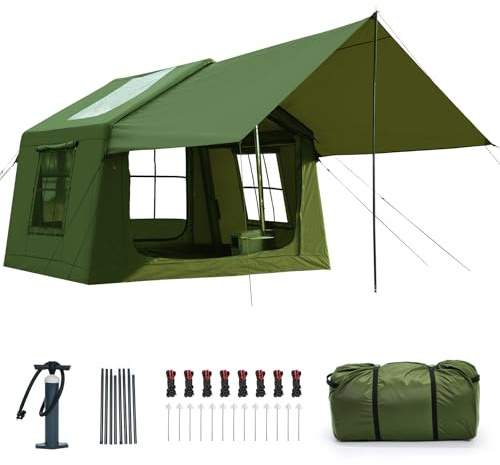 Ytaoeo Aufblasbares Zelt für 8-10 Personen Outdoor Camping Zelt mit Kaminöffnung Vordach Aufblasbares Campingzelt aus Wasserdichtem Oxford-Stoff Air Glamping Zelte