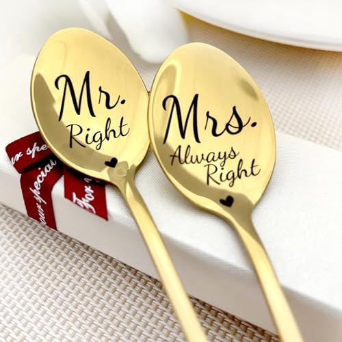 Personalisierte Hochzeitsgeschenke für Brautpaar 2er Löffel | Mr. Right & Mrs. Always Right | Graviertes Geschenk Hochzeit, Jahrestag, Einzug |für Ehefrau Ehemann | Lustiges Geschenk