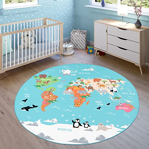 Paco Home Kinder-Teppich Für Kinderzimmer, Spiel-Teppich, Weltkarte Mit Tieren rutschfest In Türkis, Grösse:Ø 200 cm Rund