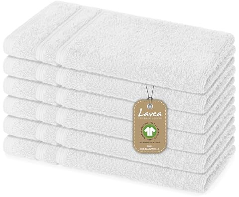 Lavea® 6 Serviettes Invité 30x50 cm en Éponge de Coton Biologique 100% Douces et Absorbantes, pour la Maison, l’Hôtel et Le Spa – Idéales également comme Serviette Visage et Mains – Blanc | Serviettes d'invité douces et absorbantes en 100 % coton, série éponge Bali, lavables à 60 °C, passent au sèche-linge