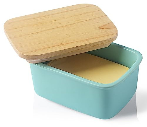 Sweejar Home Porcelain Butter Dish with Airtight Wooden Lid, Perfect for 2 Sticks of Butter - Turquoise