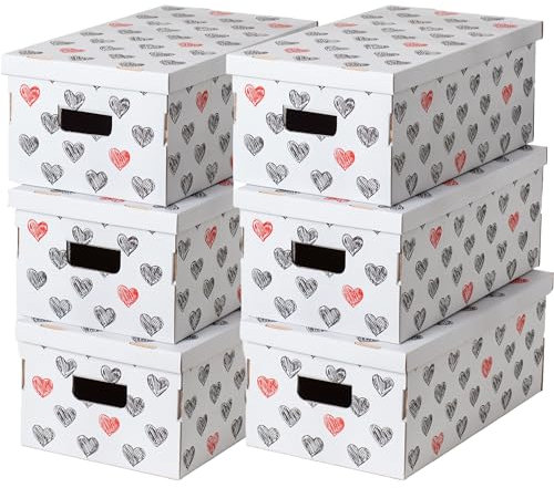 6-er Set Aufbewahrungsboxen aus Karton, Geschenkboxen aus pappe mit Deckel, FSC-Zertifiziertem Papier, Hertzen, 29x51x20cm, Weiss
