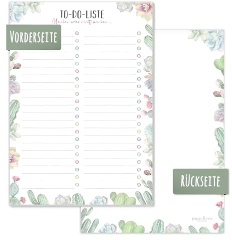 To-do Listen Block A5 für Aufgaben & Notizen Kakteen | Für Alltag & Schreibtisch: 50 Blatt mit 100g/m²-Papier, To-do-Liste, Rückseite für Notizen & Kringel zum Abhaken