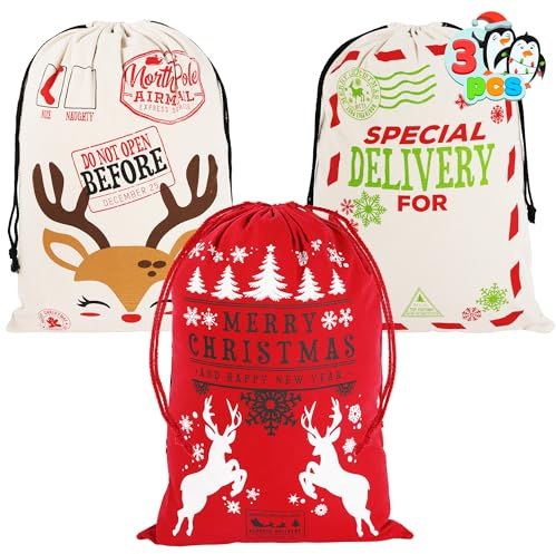 JOYIN 3 Paquetes de Bolsas de Regalo para Navidad, Saco de Arpillera de Papá Noel con Cordón de 66cm x 48cm para Almacenamiento de Paquetes de Navidad Grandes