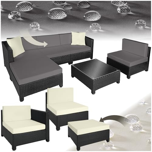 tectake Gartenmöbel Set, Lounge aus Poly Rattan und Aluminium, Balkon Möbel Set mit 10 cm Polsterung und Kissen, ideal für Garten und Balkon, inkl. 2 Sessel, 2 Ecksessel, 1 Tisch, 1 Hocker - schwarz