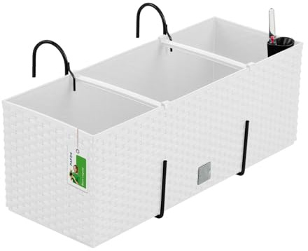 PAFEN Blumenkasten Blumentopf Rattan-Optik mit Halterungen 4 Farben Pflanztopf Wasserstandsanzeiger Balkonkasten Pflanzkästen Weiß