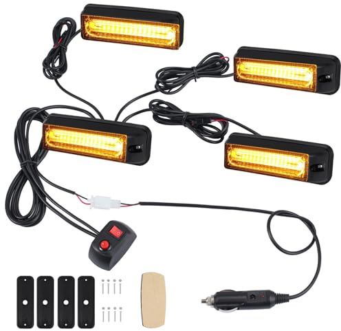 COLFULINE 4X Feux de Pénétration COB 9CM 32W 12/24V Etanche IP65, Avertissement Stroboscopique d’Urgent Orange sur Prise Allume-Cigare 18 Modes Flash pour Véhicules d'Intervention Prioritaire CE ROHS