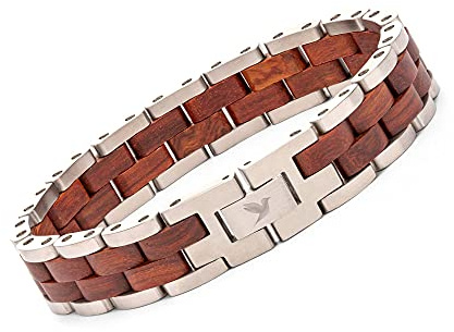 WOODSTAR (ALLIGATOR) Bracelet pour homme en Acier et Bois, Bijoux Mode Masque, Bracelet Réglable Rouge Argent B20-011