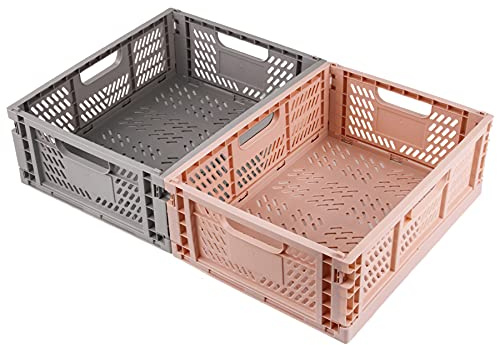 Spesh Lot de 2 Caisses Rangement Pliable Cagettes Plastique Empilable Caisse Pliante avec Poignée pour Cuisine, Chambre à Coucher, Bureau(rose+gris, 40 x 30 x 15 cm)