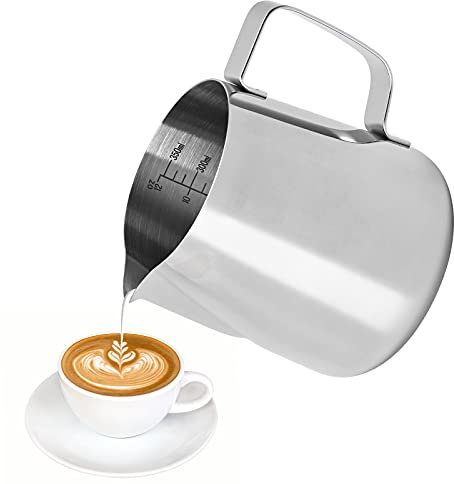 Sinonome Milk Frothing Pitcher, Stainless Steel Milk Pitcher Cup, Perfect for Espresso Machines, Milk Frothing Jug for Making Coffee Cappuccino, Latte Art (Silver, 350ml/12oz)