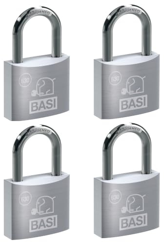 BASI | Vorhangschloss 4er Set | 50 mm | gleichschließend | massives Aluminium-Gehäuse | gehärteter Stahlbügel | sicheres Vorhängeschloss gleichsperrend | Bügelstärke 9 mm | 4 Stück